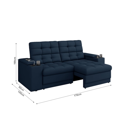 Sofá Confort Premium 1,70m Retrátil/Reclinável porta copos e USB Suede Azul - XFlex Sofas