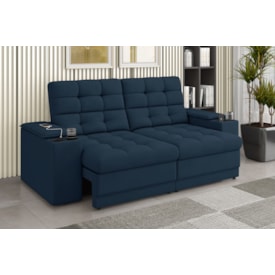 Sofá Confort Premium 2,05m Retrátil/Reclinável porta copos e USB Suede Azul - XFlex Sofas