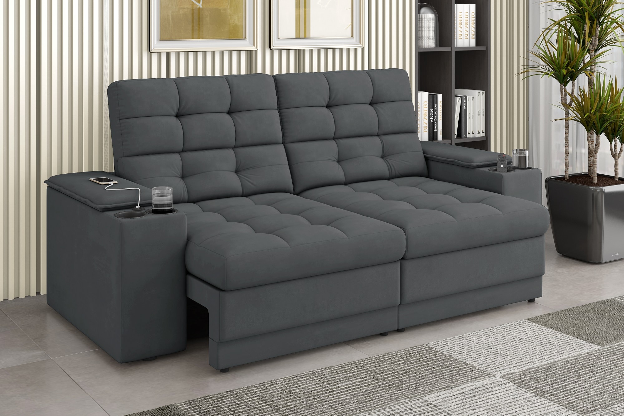 Sofá Confort Premium 2,05m Retrátil/Reclinável porta copos e USB