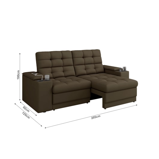 Sofá Confort Premium 2,05m Retrátil/Reclinável porta copos e USB Suede Marrom - XFlex Sofas