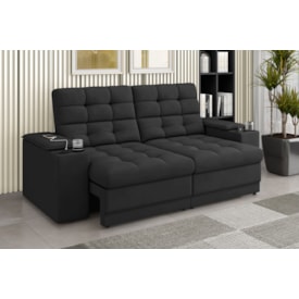 Sofá Confort Premium 2,05m Retrátil/Reclinável porta copos e USB Suede Preto - XFlex Sofas