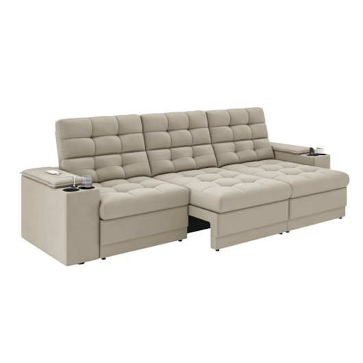 Sofá Confort Premium 2,30m Retrátil/Reclinável porta copos e USB Suede Areia - XFlex Sofas