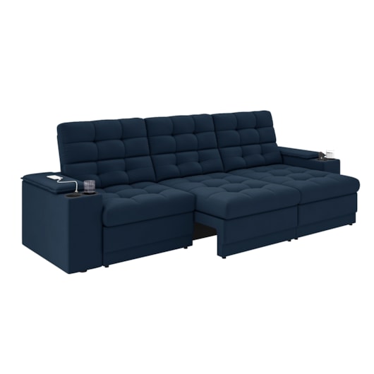 Sofá Confort Premium 2,30m Retrátil/Reclinável porta copos e USB Suede Azul - XFlex Sofas