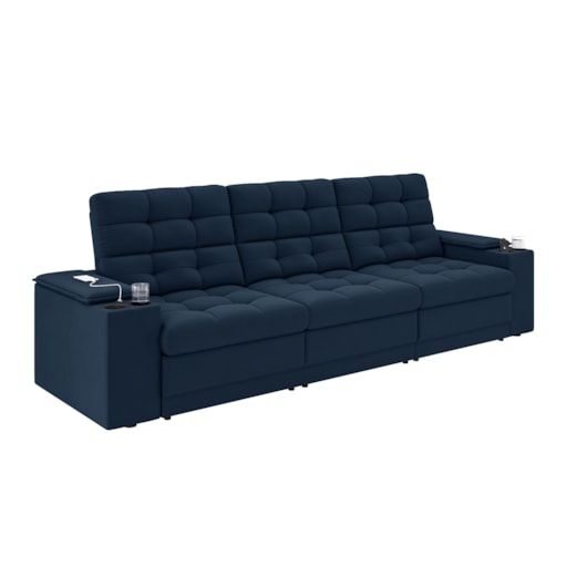 Sofá Confort Premium 2,30m Retrátil/Reclinável porta copos e USB Suede Azul - XFlex Sofas