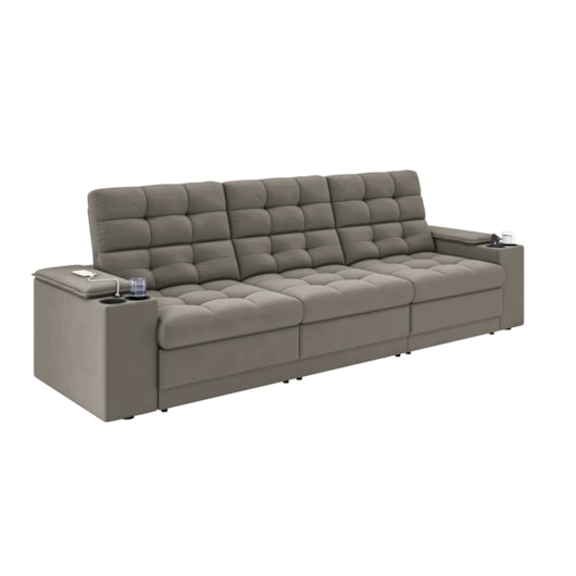 Sofá Confort Premium 2,30m Retrátil/Reclinável porta copos e USB Suede Capuccino - XFlex Sofas