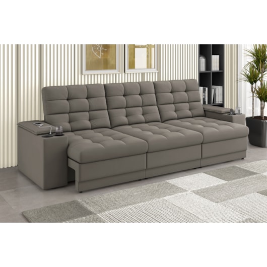 Sofá Confort Premium 2,30m Retrátil/Reclinável porta copos e USB Suede Capuccino - XFlex Sofas