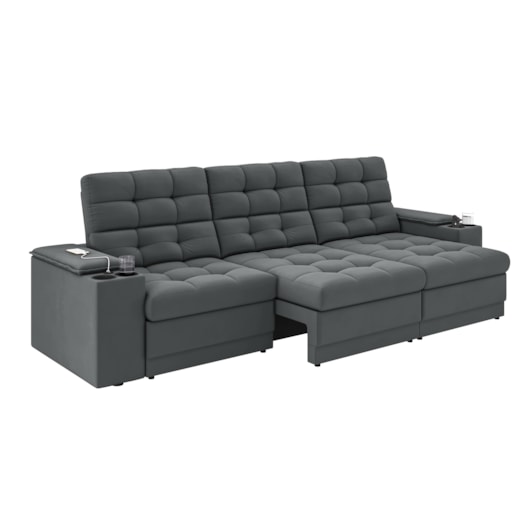 Sofá Confort Premium 2,30m Retrátil/Reclinável porta copos e USB Suede Cinza - XFlex Sofas