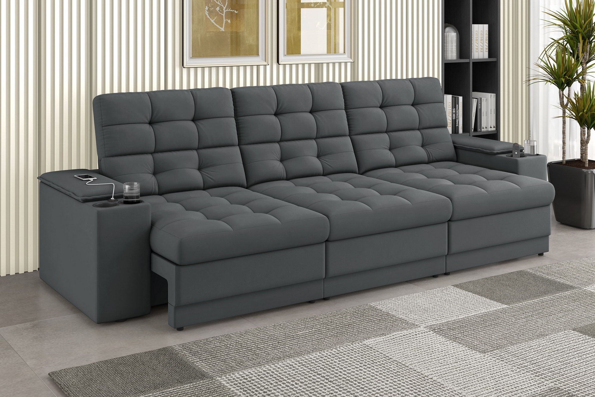 Sofá Confort Premium 2,30m Retrátil/Reclinável porta copos e USB