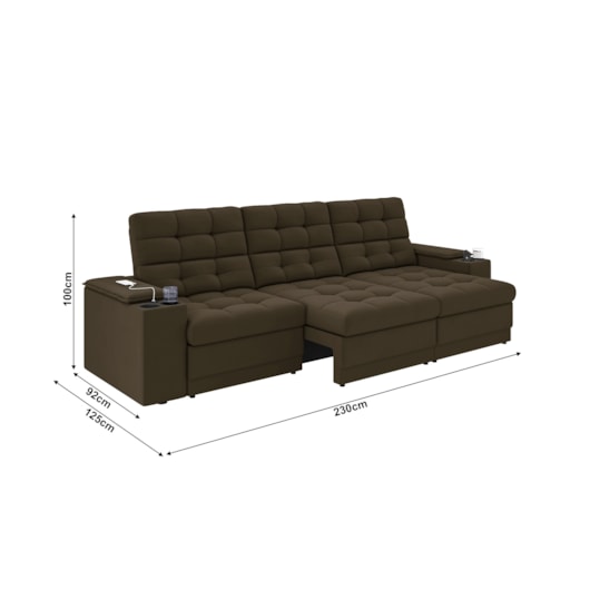 Sofá Confort Premium 2,30m Retrátil/Reclinável porta copos e USB Suede Marrom - XFlex Sofas