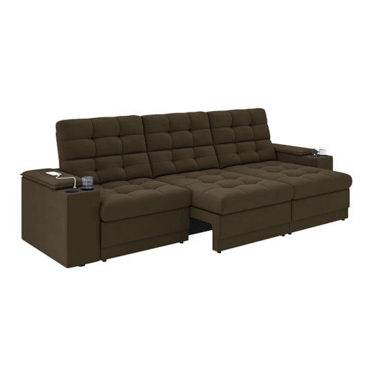 Sofá Confort Premium 2,30m Retrátil/Reclinável porta copos e USB Suede Marrom - XFlex Sofas