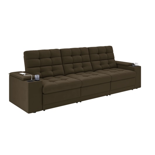 Sofá Confort Premium 2,30m Retrátil/Reclinável porta copos e USB Suede Marrom - XFlex Sofas