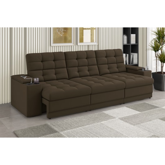 Sofá Confort Premium 2,30m Retrátil/Reclinável porta copos e USB Suede Marrom - XFlex Sofas