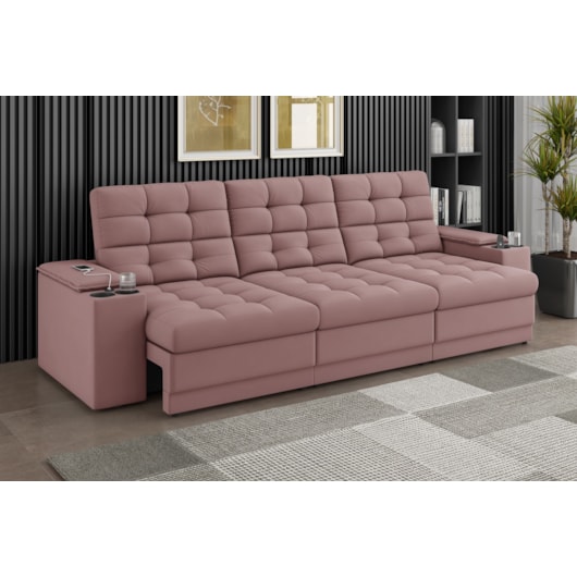 Sofá Confort Premium 2,30m Retrátil/Reclinável porta copos e USB Suede Nude - XFlex Sofas