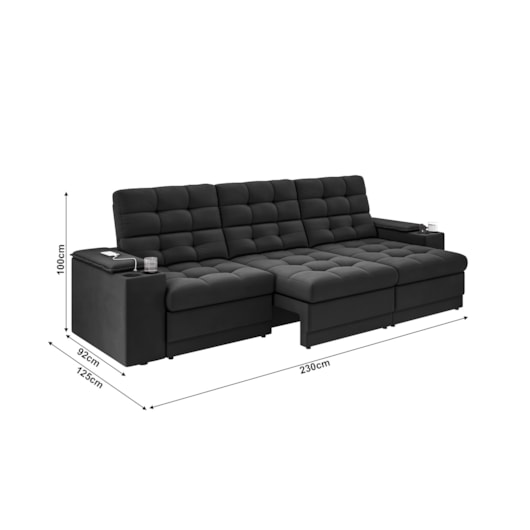 Sofá Confort Premium 2,30m Retrátil/Reclinável porta copos e USB Suede Preto - XFlex Sofas