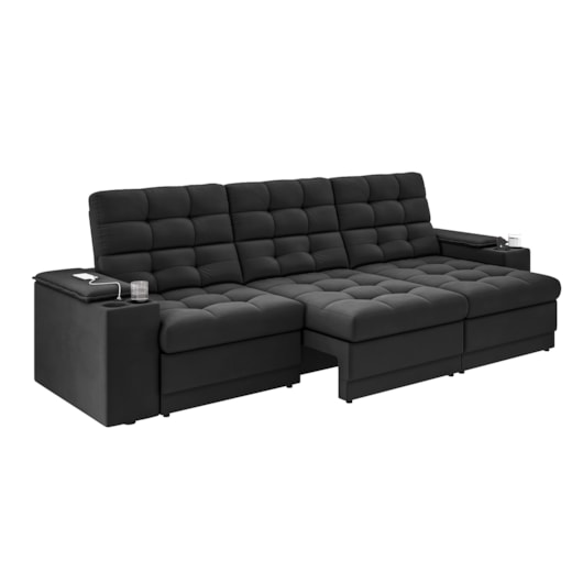 Sofá Confort Premium 2,30m Retrátil/Reclinável porta copos e USB Suede Preto - XFlex Sofas