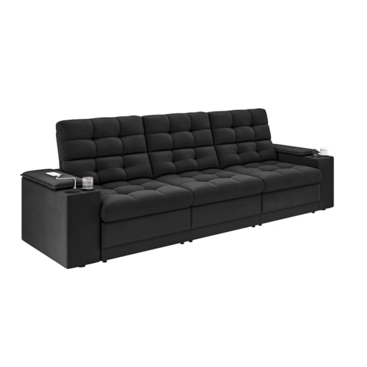 Sofá Confort Premium 2,30m Retrátil/Reclinável porta copos e USB Suede Preto - XFlex Sofas