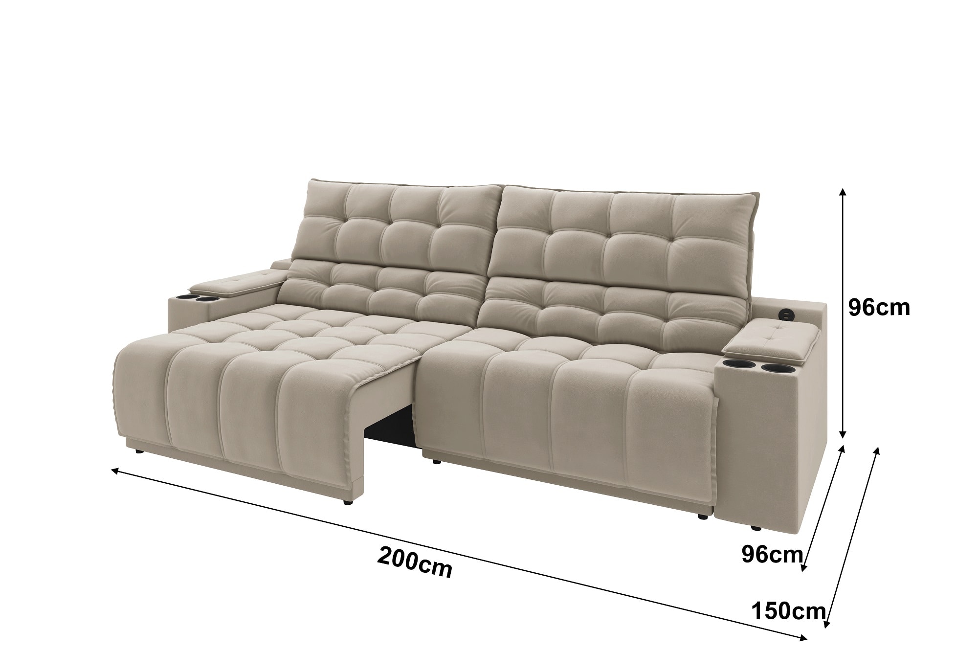 Sofá Connect Premium 2,00m Retrátil/Reclinável com porta copos e