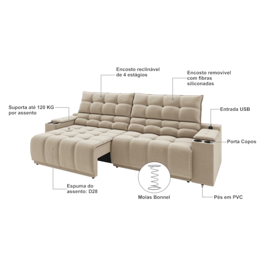 Sofá Connect Premium 2,00m Retrátil/Reclinável com porta copos e USB Suede Capuccino - XFlex Sofas