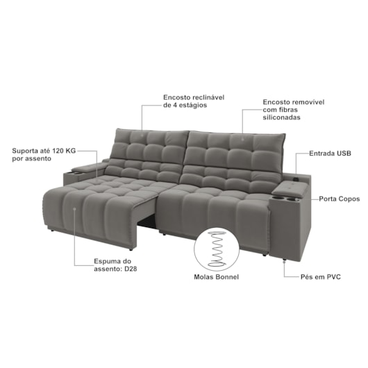 Sofá Connect Premium 2,00m Retrátil/Reclinável com porta copos e USB Suede Cinza - XFlex Sofas