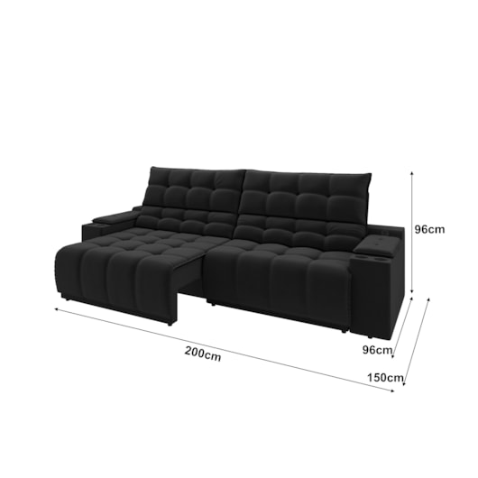 Sofá Connect Premium 2,00m Retrátil/Reclinável com porta copos e USB Suede Preto - XFlex Sofas