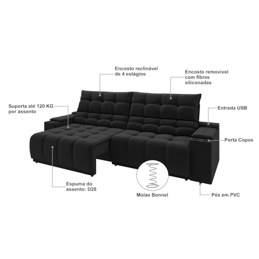 Sofá Connect Premium 2,00m Retrátil/Reclinável com porta copos e USB Suede Preto - XFlex Sofas