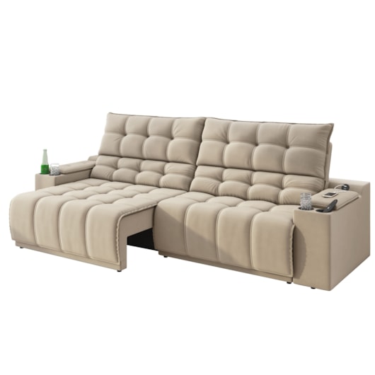 Sofá Connect Premium 2,30m Retrátil/Reclinável com porta copos e USB Suede Capuccino - XFlex Sofas