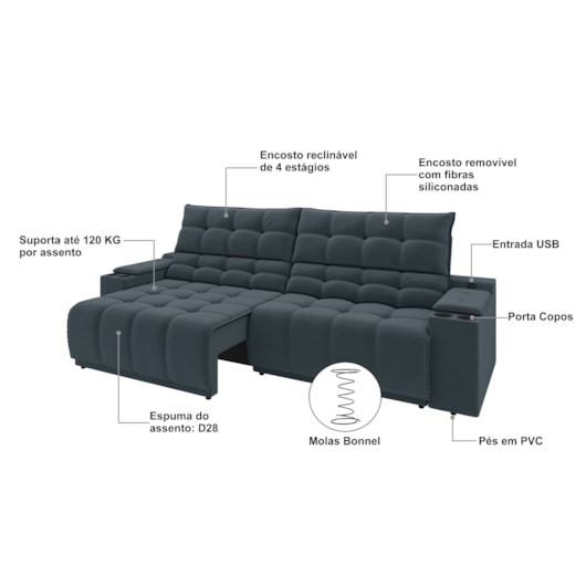 Sofá Connect Premium 2,30m Retrátil/Reclinável com porta copos e USB Suede Petróleo - XFlex Sofas